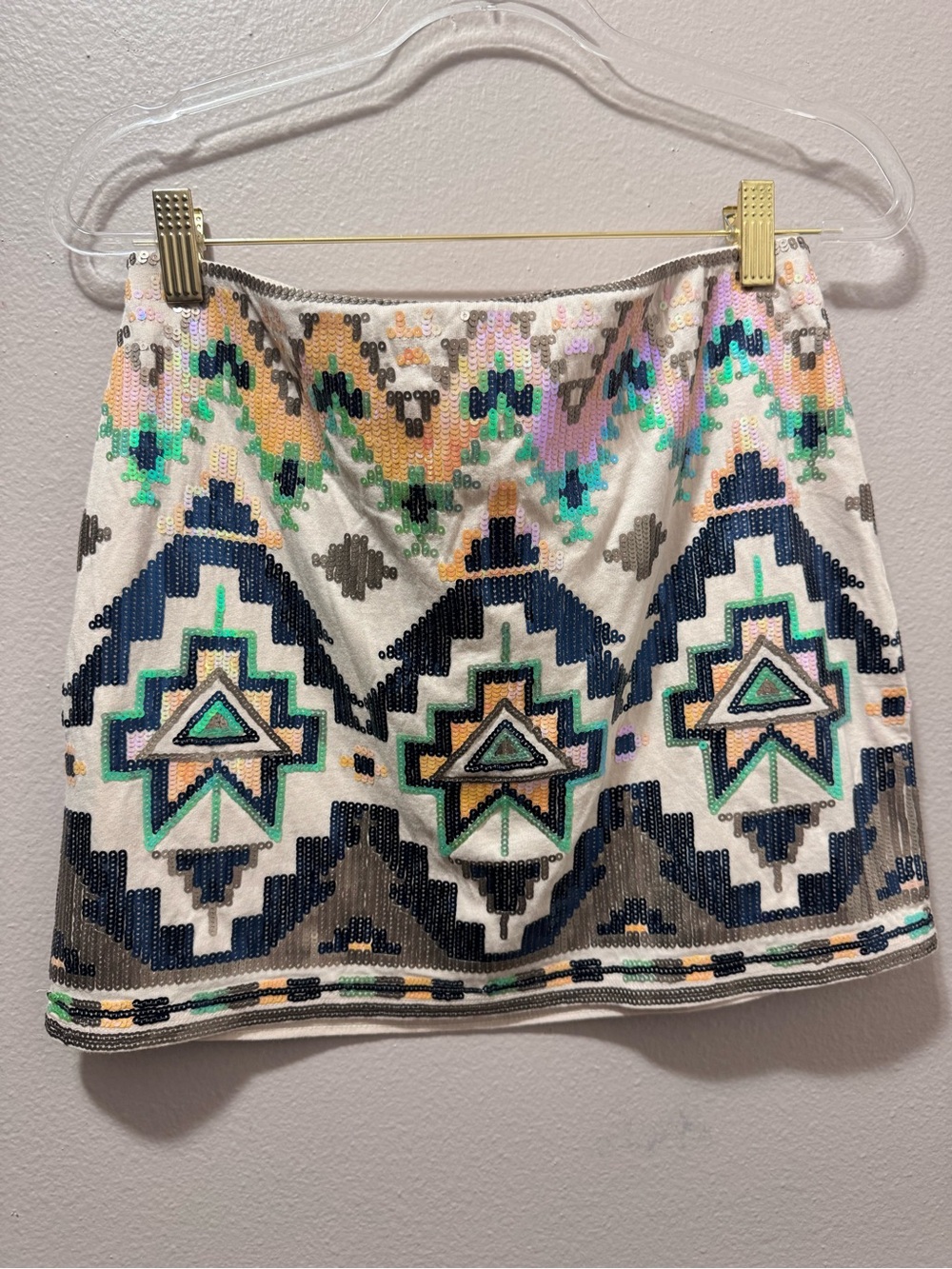Express White Mini Skirt with Multicolor Tribal Sequin Design